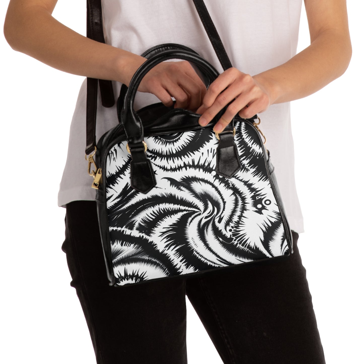 Chic Black and White Floral Shoulder Handbag - Stylish Everyday Accessory