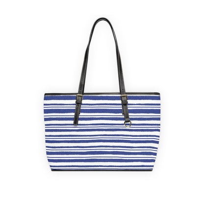 Navy Striped PU Leather Shoulder Bag - Stylish Tote for Casual Outings