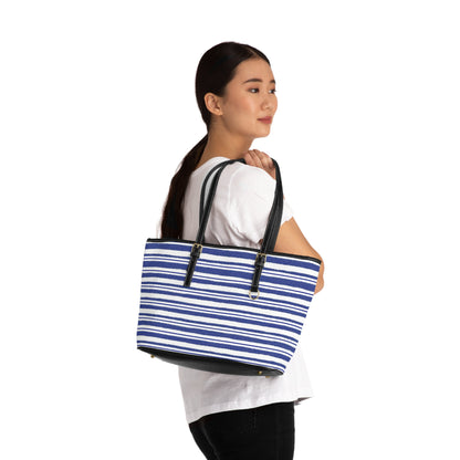 Navy Striped PU Leather Shoulder Bag - Stylish Tote for Casual Outings