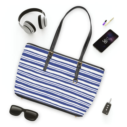 Navy Striped PU Leather Shoulder Bag - Stylish Tote for Casual Outings