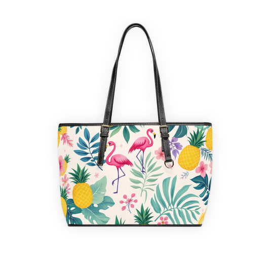 Tropical PU Leather Shoulder Bag with Flamingoes & Pineapples