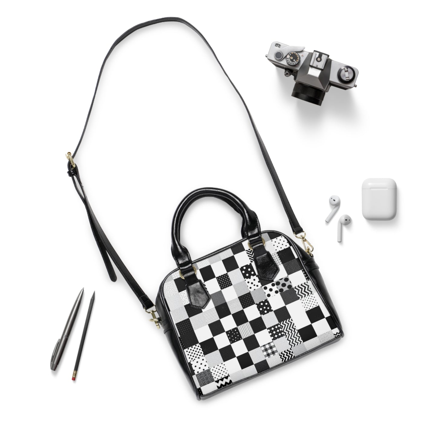 Chic Black and White Shoulder Handbag - Stylish Patchwork Design