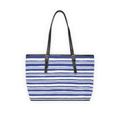 Navy Striped PU Leather Shoulder Bag - Stylish Tote for Casual Outings